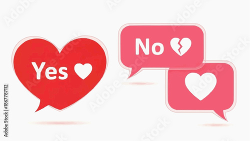 Dating app chat bubbles with yes and no answers representing love and heartbreak