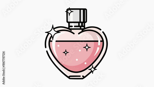 Cute heart shaped perfume bottle with pink liquid and sparkles icon