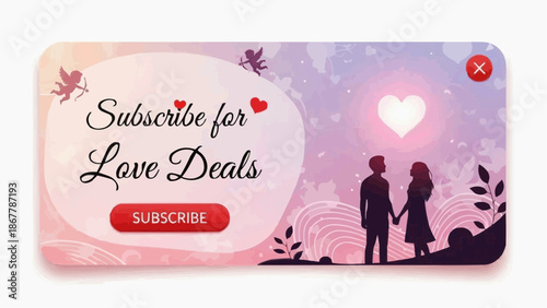 Subscribe for love deals banner with couple silhouette and heart
