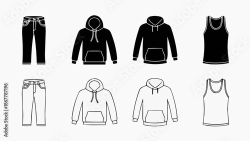 Set of mens clothing icons jeans, hoodies, and tank tops in black and white outline styles