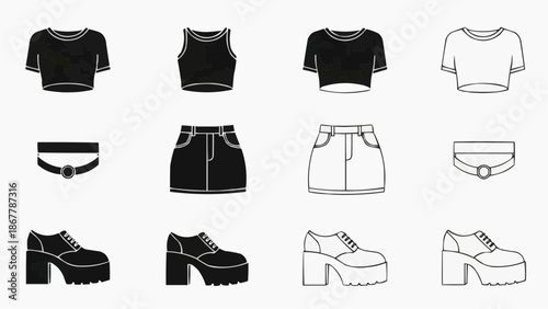 Set of grunge and y2k style womens clothing and shoes icons
