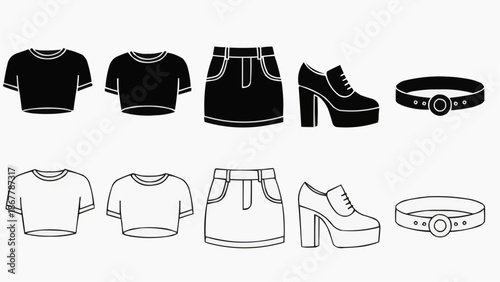 Black and white outline icons of womens fashion clothing and accessories