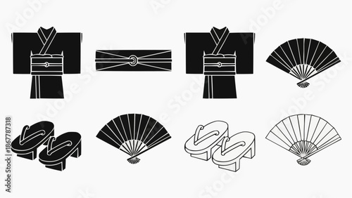 Set of japanese traditional clothing and accessories icons kimono, obi, geta, and sensu fan