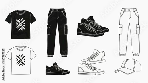 Set of streetwear clothing and accessories line art and silhouette icons