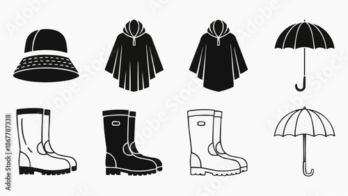 Set of rain gear icons hat, poncho, boots, and umbrella silhouettes
