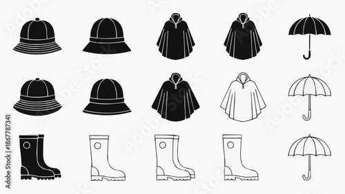 Set of rain gear icons bucket hats, ponchos, umbrellas, and rain boots