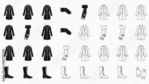 Winter clothing icons set coats, scarves, boots, and gloves in solid and outline styles