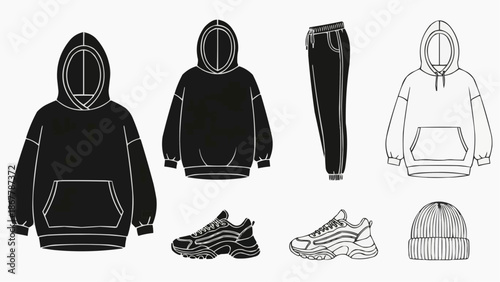 Fashion technical sketch set hoodie, joggers, sneakers, and beanie outline