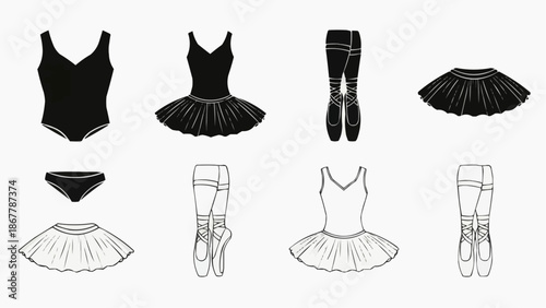 Collection of ballet dance attire and footwear icons in black and white outline style