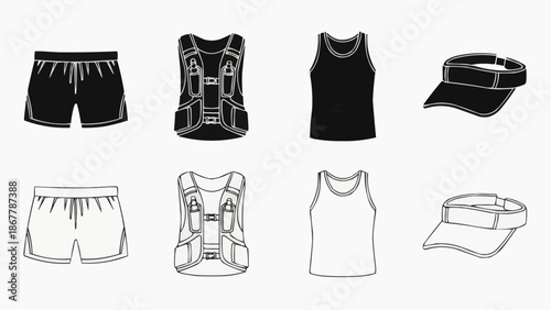 Set of black and white outline icons for sportswear and accessories