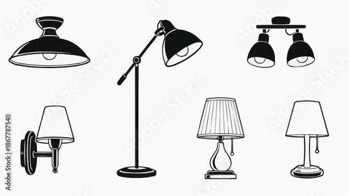 Collection of various lamps and lighting fixtures in black and white sketch style