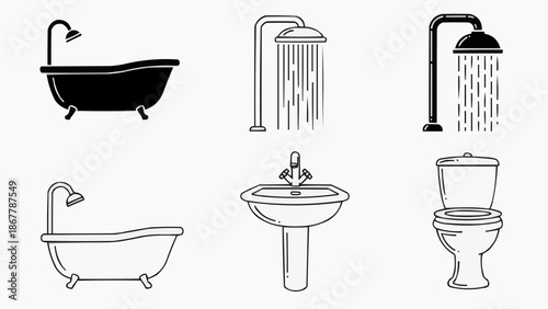 Set of bathroom fixtures icons bathtub, shower head, and toilet outline