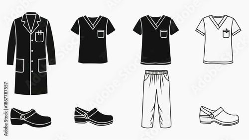Set of medical uniforms, lab coat, scrubs, and clogs for healthcare workers