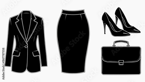 Black silhouette of business woman attire blazer, pencil skirt, high heels, and briefcase