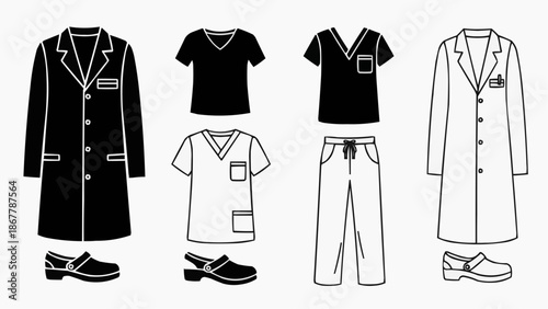 Medical uniforms and lab coats icons set doctor and nurse attire outline and silhouette