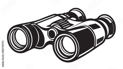 A pair of binoculars is viewed from the side on a white background