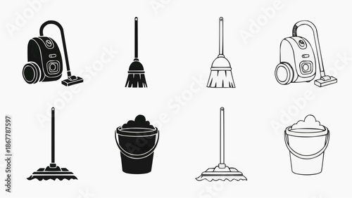 Set of cleaning tools icons vacuum cleaner, broom, mop, and bucket, black and white