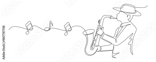 Continuous line drawing of a jazz musician playing the saxophone 1.eps