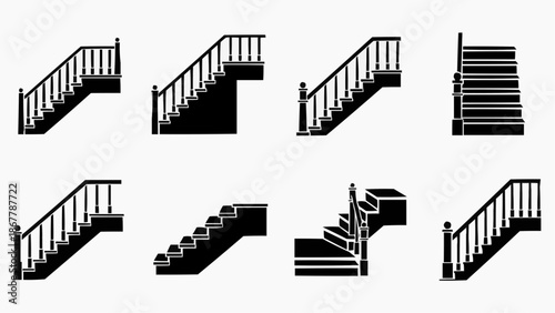 Set of eight black staircase silhouettes with railings for architecture and design
