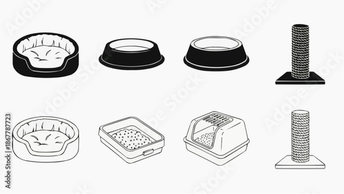 Set of pet supplies cat bed, food bowls, litter box, and scratching post