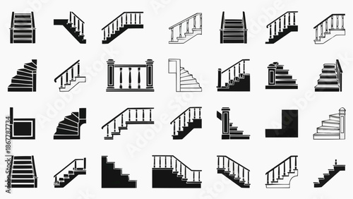 Collection of various staircase and railing icons, black and white silhouette set