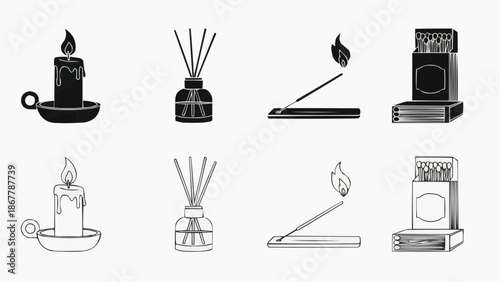 Set of burning candle, aroma diffuser, incense stick, and matchbox icons in black and white style