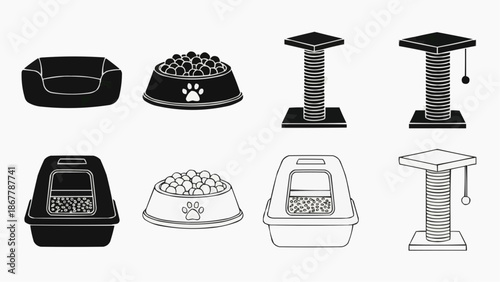 Set of cat accessories icons bed, food bowl, litter box, and scratching post