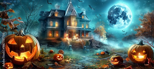Haunted hilltop mansion under full moon with glowing jack o  lanterns and rolling fog
