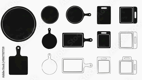 Collection of black and white cutting boards and serving platters icons