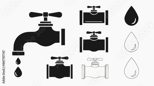 Set of water faucet, valve, and droplet icons for plumbing and liquid flow