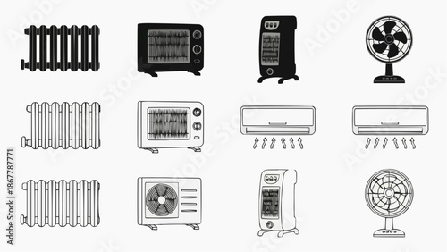 Collection of heating and cooling devices radiators, heaters, air conditioners, and fans
