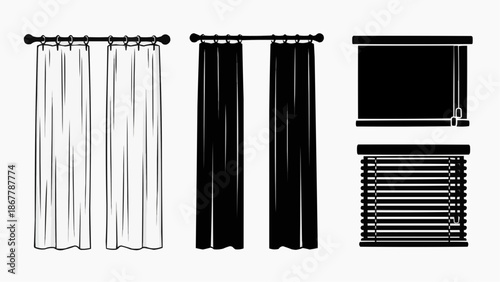 Set of window coverings curtains, drapes, and blinds silhouettes