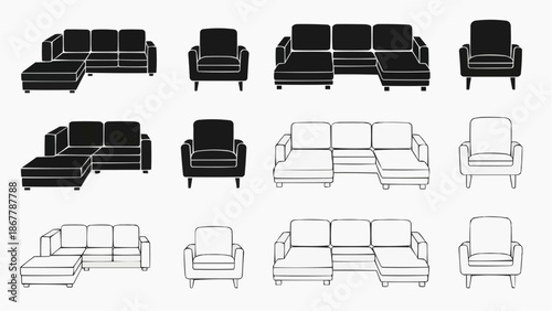Collection of modern sofa and armchair silhouettes and line art icons