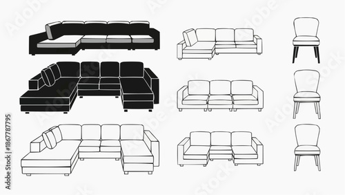 Collection of sofa and chair silhouettes and line art for interior design