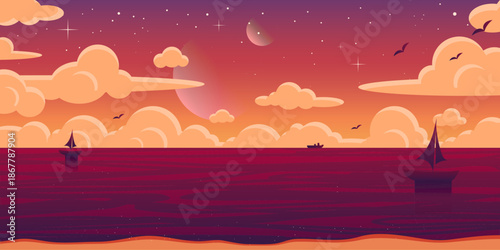 Summer vector illustration of a dreamy ocean sunset with sailing boats, clouds, stars, and moons. Warm gradient coloured wallpaper with the evening beach.