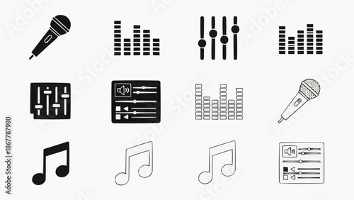 Collection of audio and music icons microphone, equalizer, sound levels, and music notes