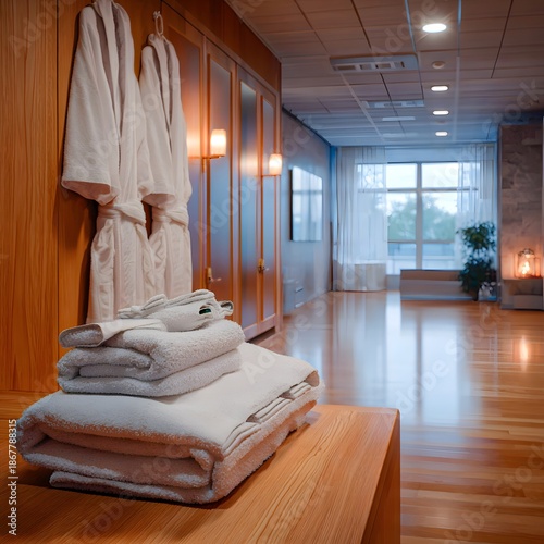 Luxury spa locker room with hanging white bathrobes folded towels on wooden bench, warm wood paneling wall lamps hallway window plants candlelit serene retreat