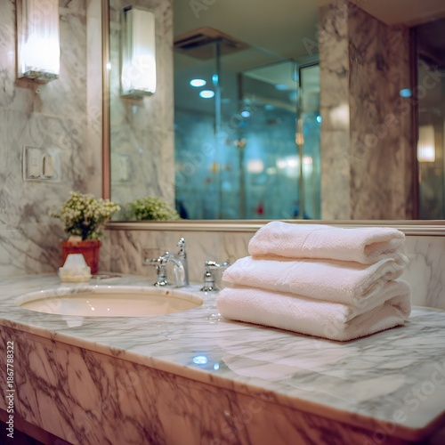  Luxury marble bathroom vanity with folded white towels by sink and mirror, hotel spa interior