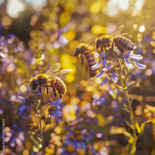 Bees pollinating purple flowers golden sunlight bokeh field honeybee insects nature macro