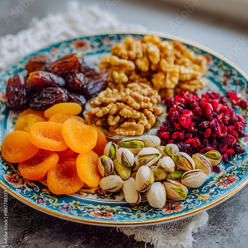 Dried fruits nuts platter dates apricots pistachios pomegranate seeds walnuts ornate blue plate napkin