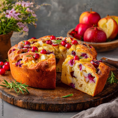 Apple cranberry cake slice cut wooden board pink heather flowers apples bowl rustic dessert