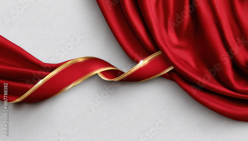 Red velvet ribbon with gold trim twisting across draped red satin fabric, elegant festive texture and shine