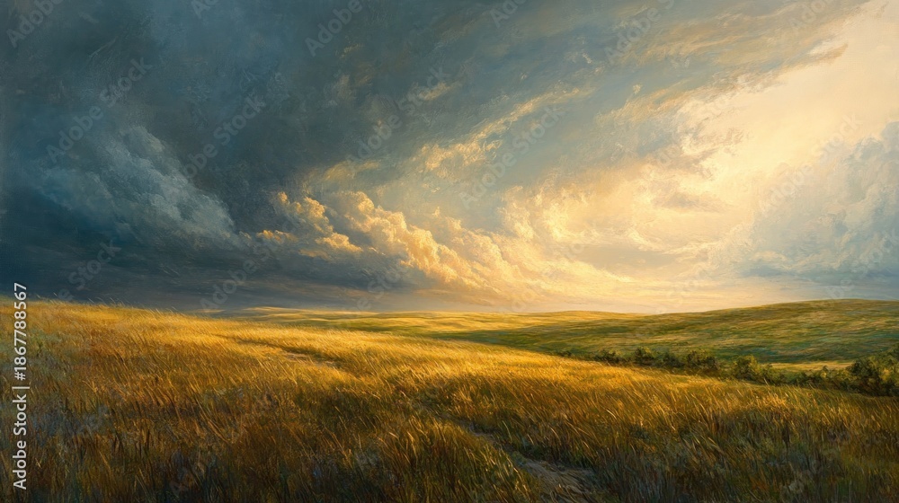 Fototapeta premium Golden field, dramatic sky