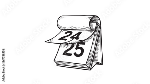 Hand-drawn sketch of a desk calendar with pages flipping from 24 to 25, symbolizing time passing and daily transitions.