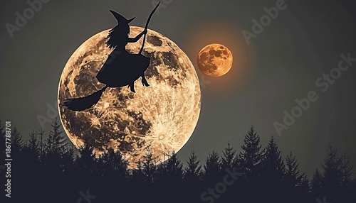 Enchanted witch soaring over an autumn forest beneath a mystical glowing moon in fantasy art