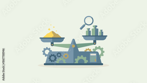 Scale measuring gold dust. Precise valuation assessment. Financial balance. Wealth measurement. Business comparison. Market value. Analysis. Flat vector illustration. Investment.