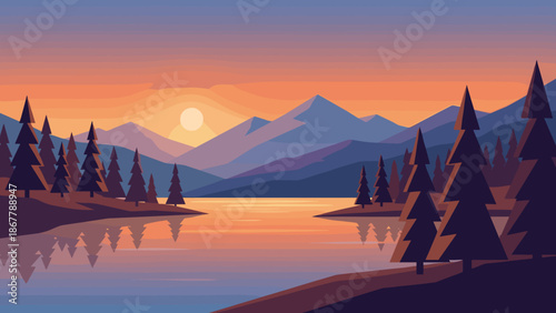 Serene mountain landscape at sunset. Flat design vector illustration. Nature background with pine trees, lake and mountains. Wilderness outdoor scene. Calm peaceful scenery.