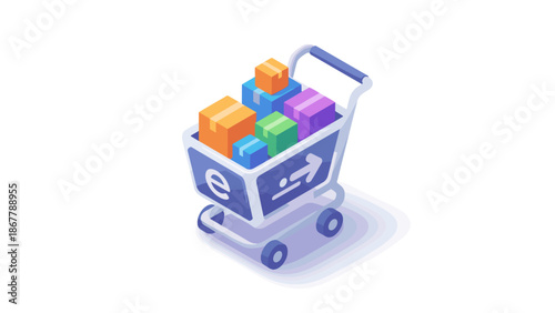 Modern 3D isometric shopping cart with colorful boxes. E-commerce concept vector illustration. Online store purchase. Digital market trolley. Retail sale delivery logistics icon.