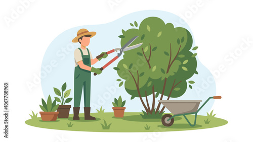 Gardener pruning green bush with shears. Landscaping worker. Man in overalls trimming hedge. Yard maintenance. Lawn care service. Garden work concept. Outdoor horticulture vector.