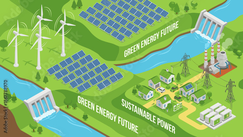 Isometric renewable energy farm landscape. Solar panels and wind turbines. Green energy concept. Sustainable power station. Eco friendly electricity. Alternative resources.